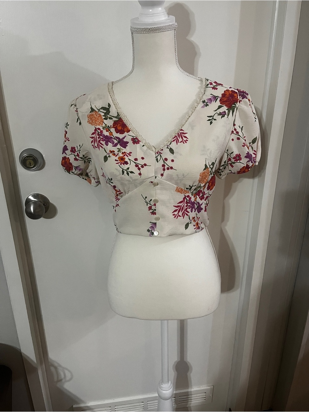 Floral V-Neck Puff Sleeve - Cream with Pink & Orange